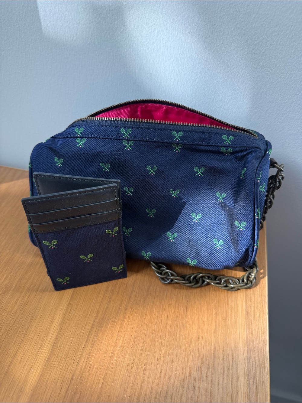 Navy Cross-Racket Print Chain Purse with Wallet